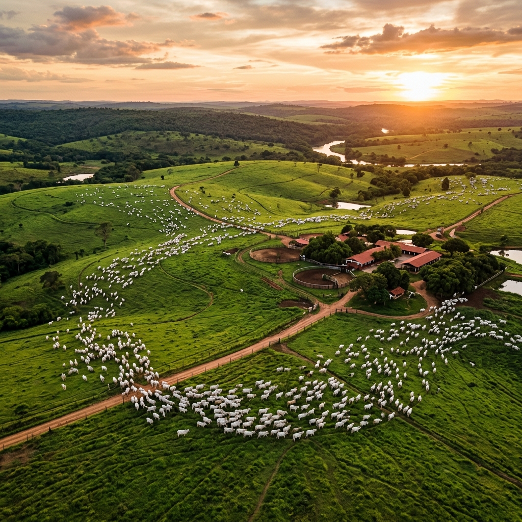 Fazenda com gado Nelore ao entardecer